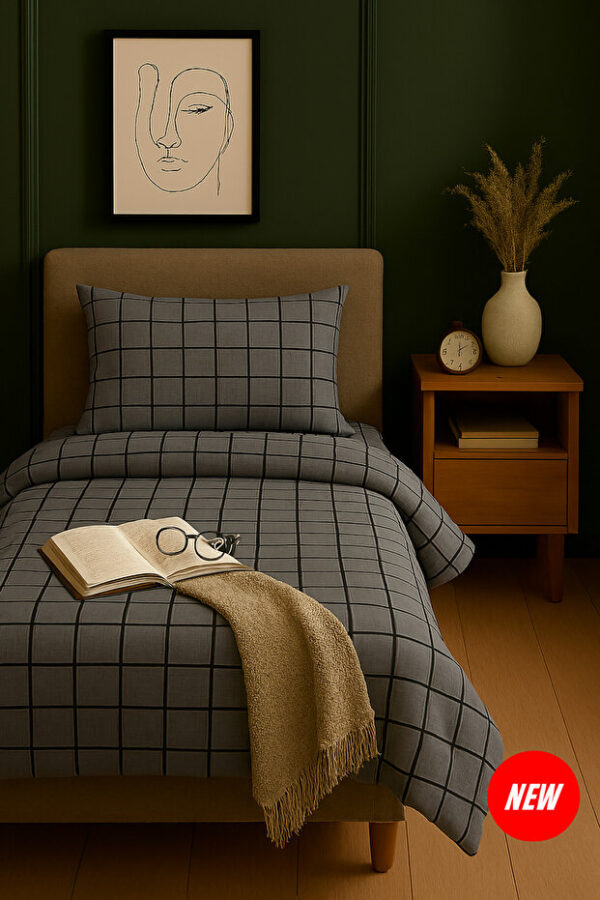 Tek Kişilik Antrasit Beyaz Kareli Desenli Nevresim Takımı | PAMUKLU Her Yatağa Şıklık Katar!